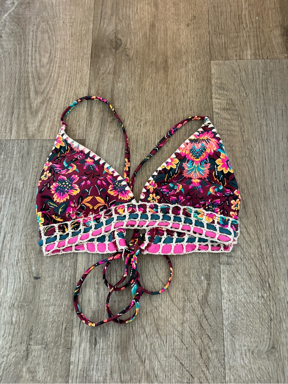 Xhilaration Pink Multi Floral Crochet-Trim Bikini Top